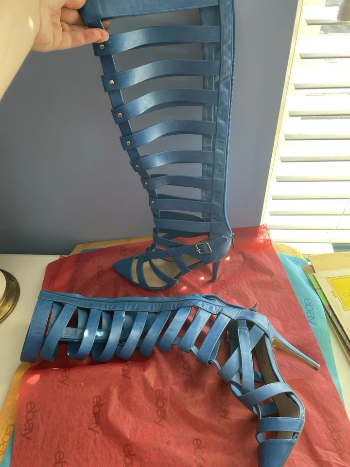 Breckelles Nataly-22 Mujer Talla 9 AZUL Tacón Alto Stiletto Gladiador Bota Rodilla Foto 3 de 4