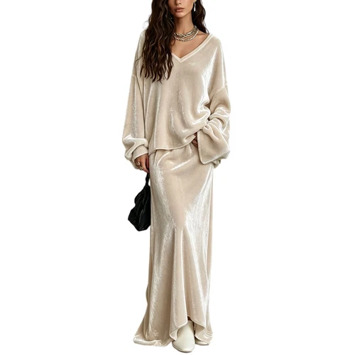 Ladies Velvet 2 Piece Outfit V-Neck Top Long Sleeve Maxi Skirt Set