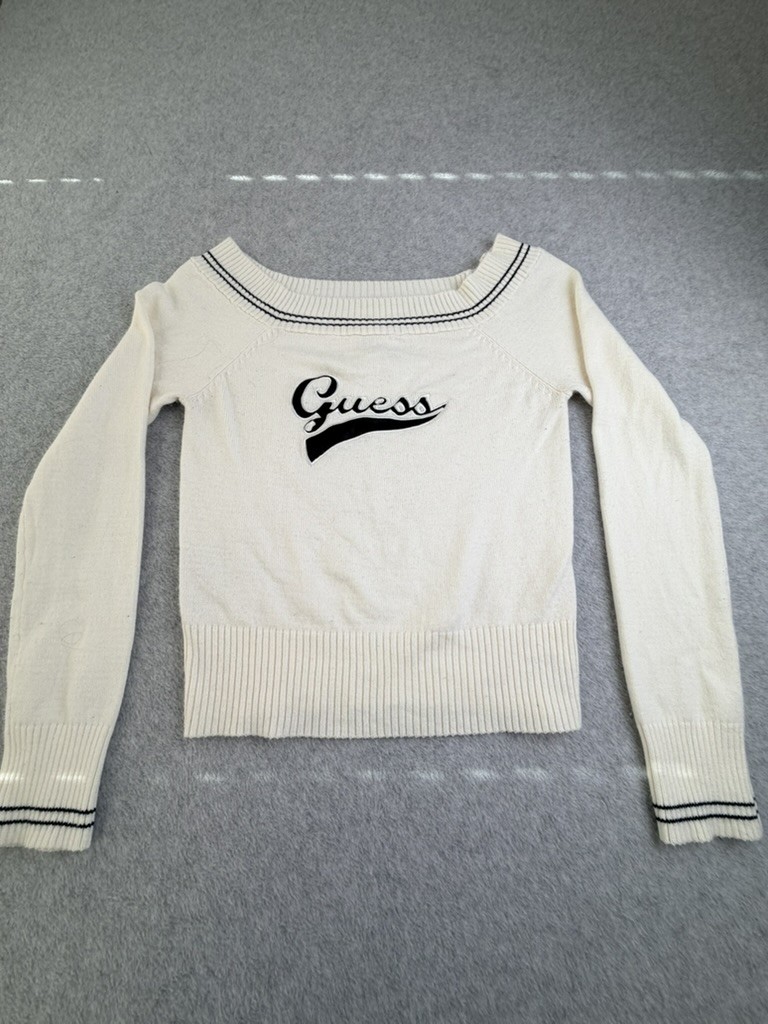 Guess Jeans Womens XL Cream Black Knit Pullover Sweater Boat Neck Logo