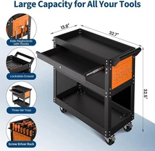 Momwart 4Tier Tool Cart on Wheels 400lb Rolling Work Cart with Drawer & Pegboard