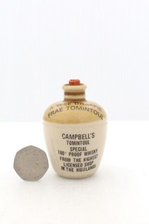 VINTAGE MINIATURE CAMPBELL'S GLENLIVET WHISKY TOMINTOUL STONEWARE JUG FLAGON