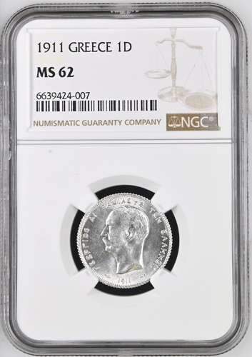 1911, Kingdom of Greece, Georgios I. Beautiful Silver 1 Drachma Coin. NGC MS-62! - Picture 3 of 4
