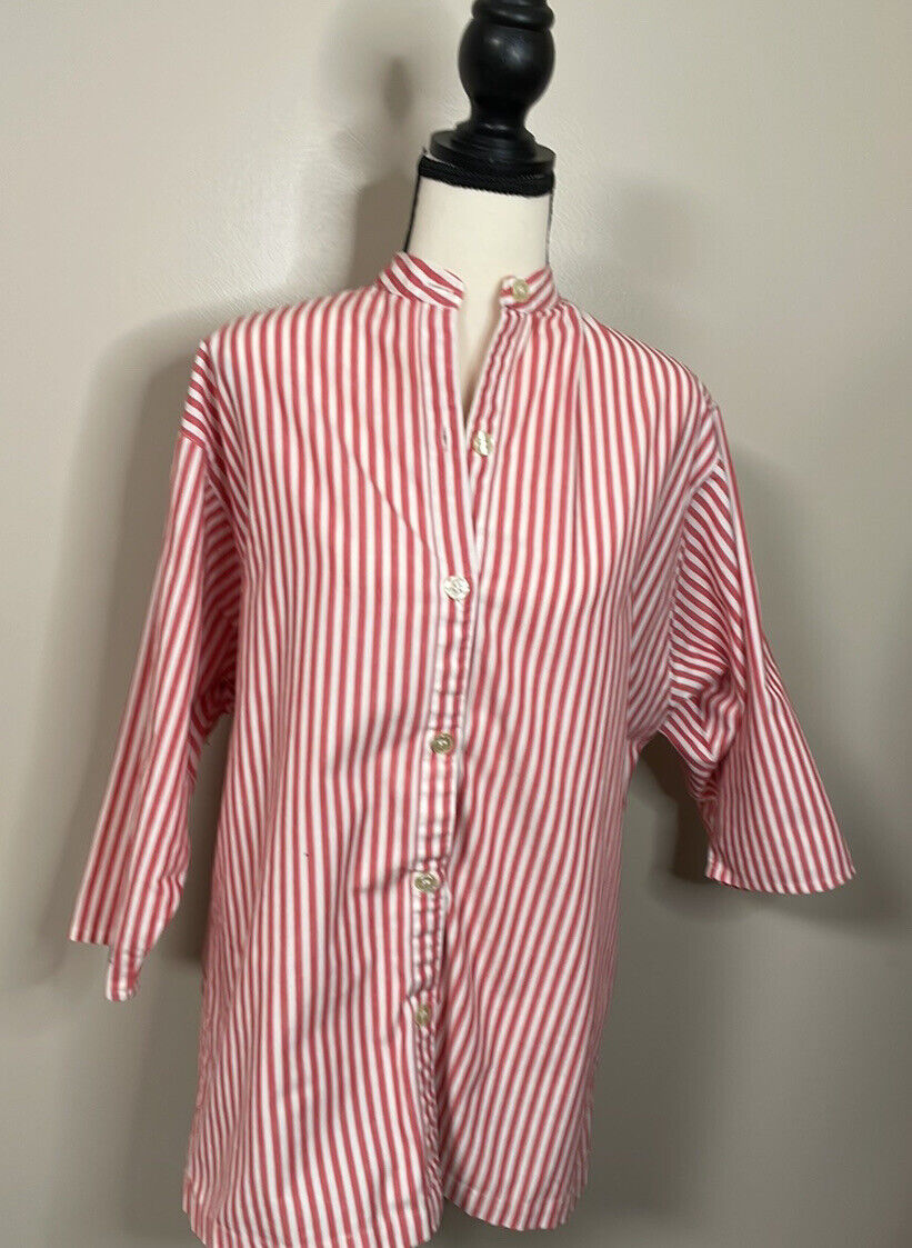 Striped red & white drop sleeved button up top w/… - image 2