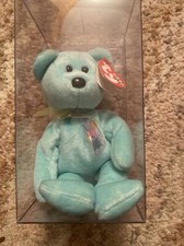 Ty Beanie Baby Ariel the Bear In Memory 1981-1988 MWMT Teal Blue Flowers