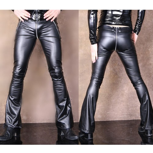 Men PU Faux Leather Pants Shinny Bell-bottom Flared Trousers Slim Tight Clubwear - Picture 12 of 14