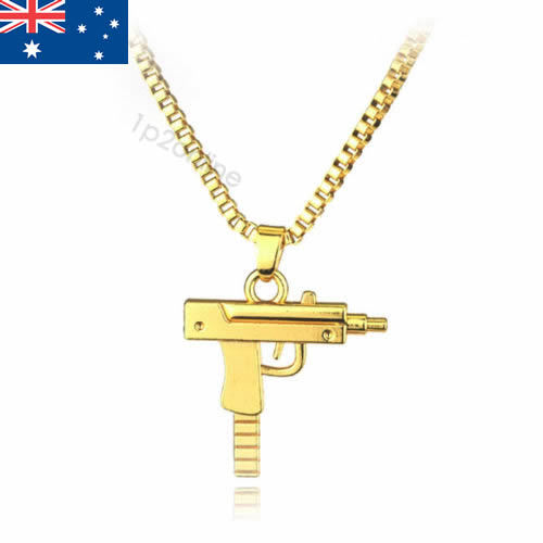 UZI Gun Novelty Pendant Necklace Jewelry Chain Gold Hip Hop Rap Jewellery - Picture 1 of 6