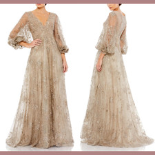 NWT $598 Mac Duggal [ 8 ] Embellished V-Neck Puff Sleeve A-Line Gown Mocha #Q524