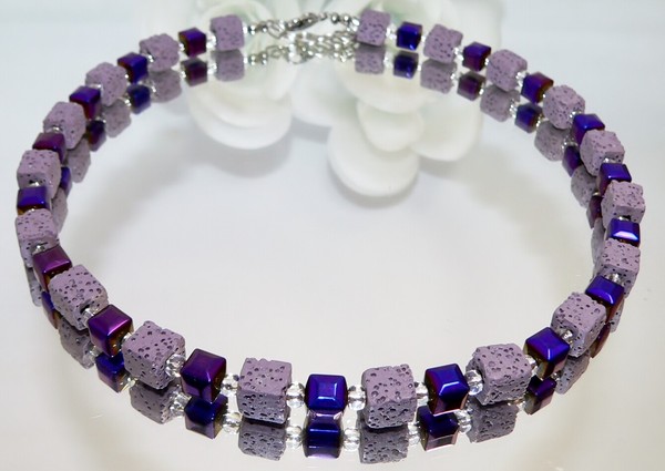 Halskette WüRfelkette WüRfel Lava Lila Flieder HäMatit Facettiert Purple 113B-image