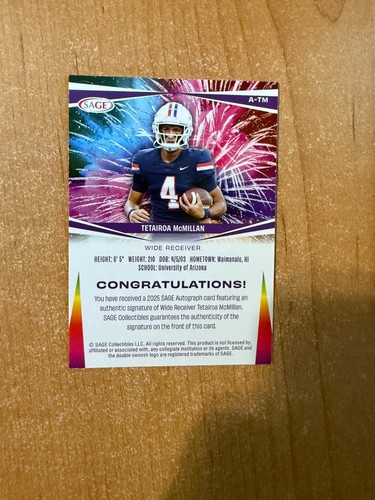 2025 Sage High Series Football - Tetairoa McMillan - #A-TM Prospect Auto - 第 2/6 張圖片