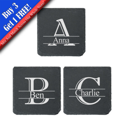 Personalisierte Gravur Neuheit Initiale und Name Quadratisch Schiefer Untersetzer, 4er Set