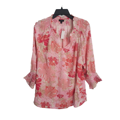 Talbots Top Womens Large Petite Pink Floral Peasant Boho Smocked Flowy Shirt
