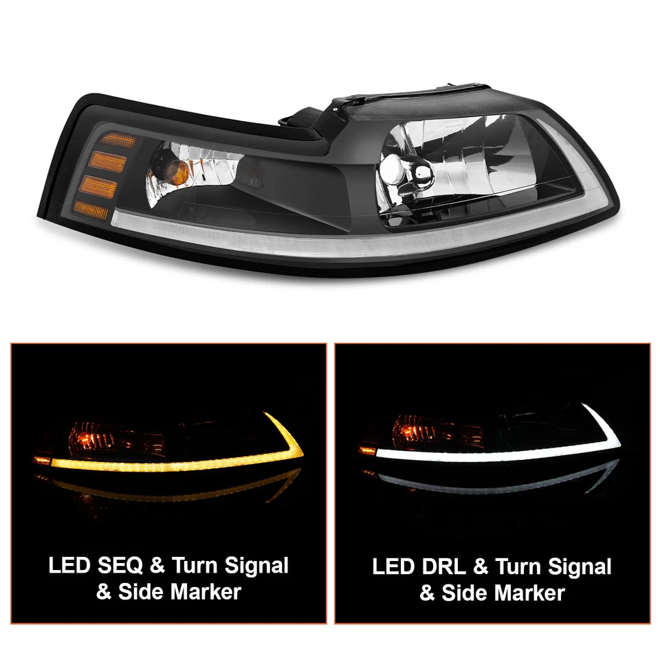 Pair Black Headlight W/LED DRL Sequential Turn Light For 1999-2004 Ford Mustang - Image 2 of 4