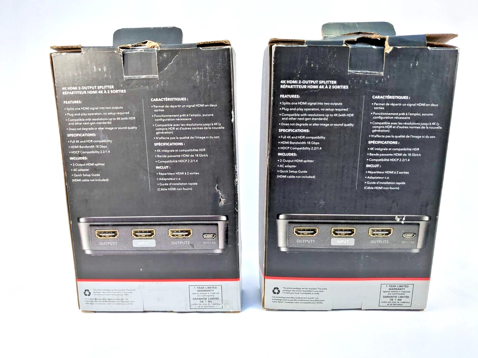 Lot of 2 Rocketfish 2-Output HDMI Splitters - 4K Ultra HD & HDR Compatible - New - Image 2 of 4
