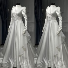Vintage Muslim Wedding Dresses Satin Long Sleeve High Neck Ruched Bridal Gowns