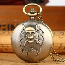 Bronze Pirate Skull Bone Design Quartz Pocket Watch with Necklace Chain