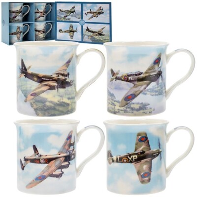 Classic Planes Tassen 2. Weltkrieg RAF 4er Set Vintage Flugzeuge Tee Kaffeetassen Geschenk
