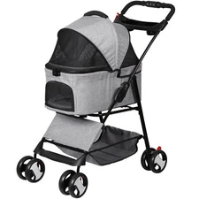 Folding Pet Stroller for Small Medium Dogs Cats with Detachable Carrier Gray