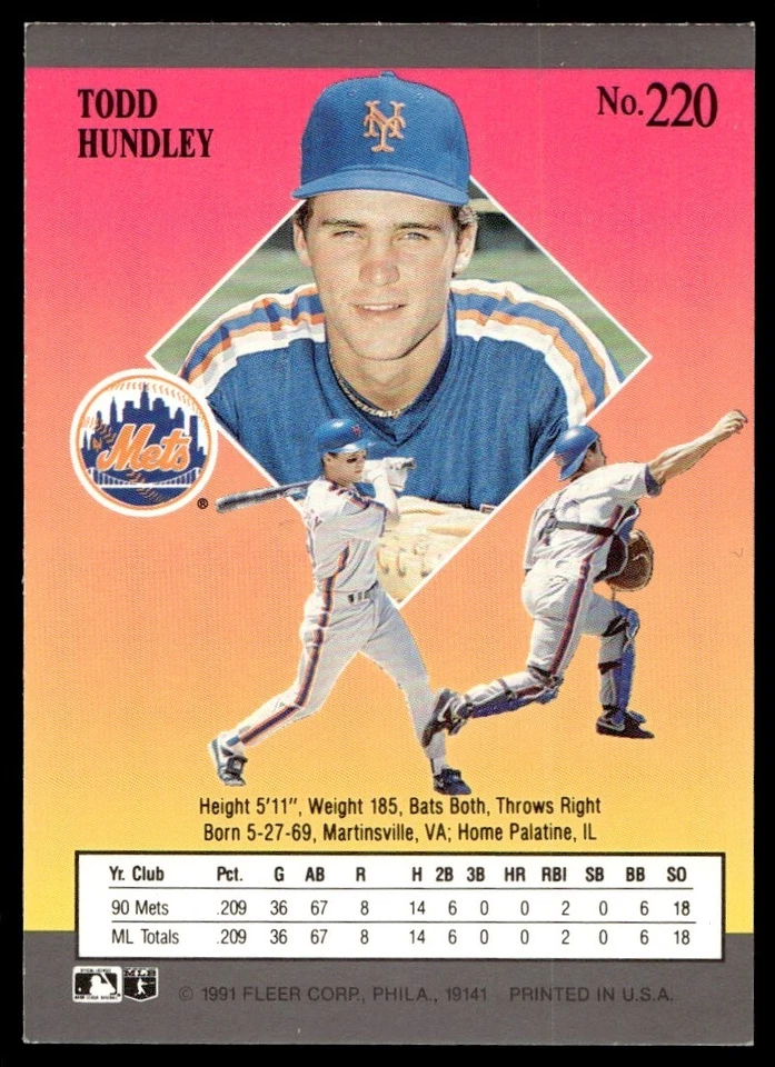 1991 Ultra Todd Hundley New York Mets #220 - Image 2 of 2