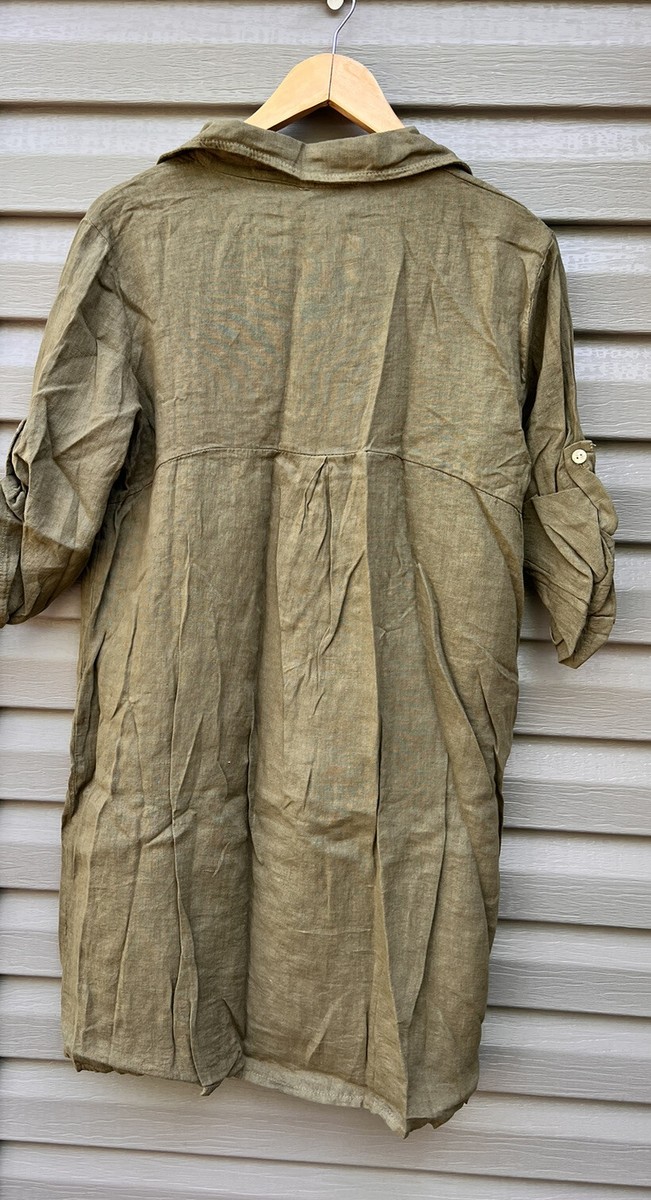 Elena Baldi Linen Dress Large Italy Boho Tunic Shirt dress Olive Green NWT  | eBay