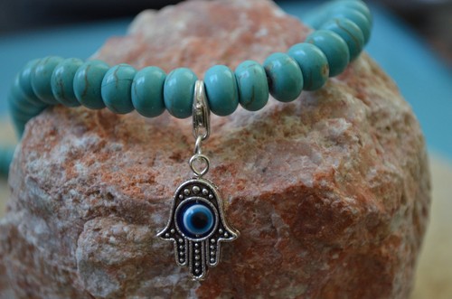 Pulsera curativa con cuentas de piedra preciosa turquesa de plata Hamsa Hamsa Mala - Imagen 3 de 4