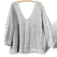 Miracle USA Sweater Womens Sz M/L Gray Chunky Cable Knit Deep VNeck/Back Slouchy