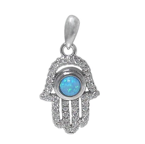 925 Sterling Silver & Blue Opal Hamsa Necklace - Pendant with CZ Crystals