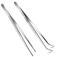 2 Pcs 12 Inch Long Handle Stainless Steel Straight and Curved Tweezers Nippers