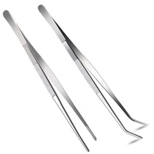 2 Pcs 12 Inch Long Handle Stainless Steel Straight and Curved Tweezers Nippers