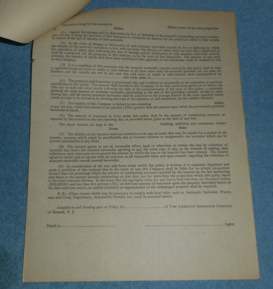 1937 American Insurance Co Western Dept Letter Accounts Receivable 