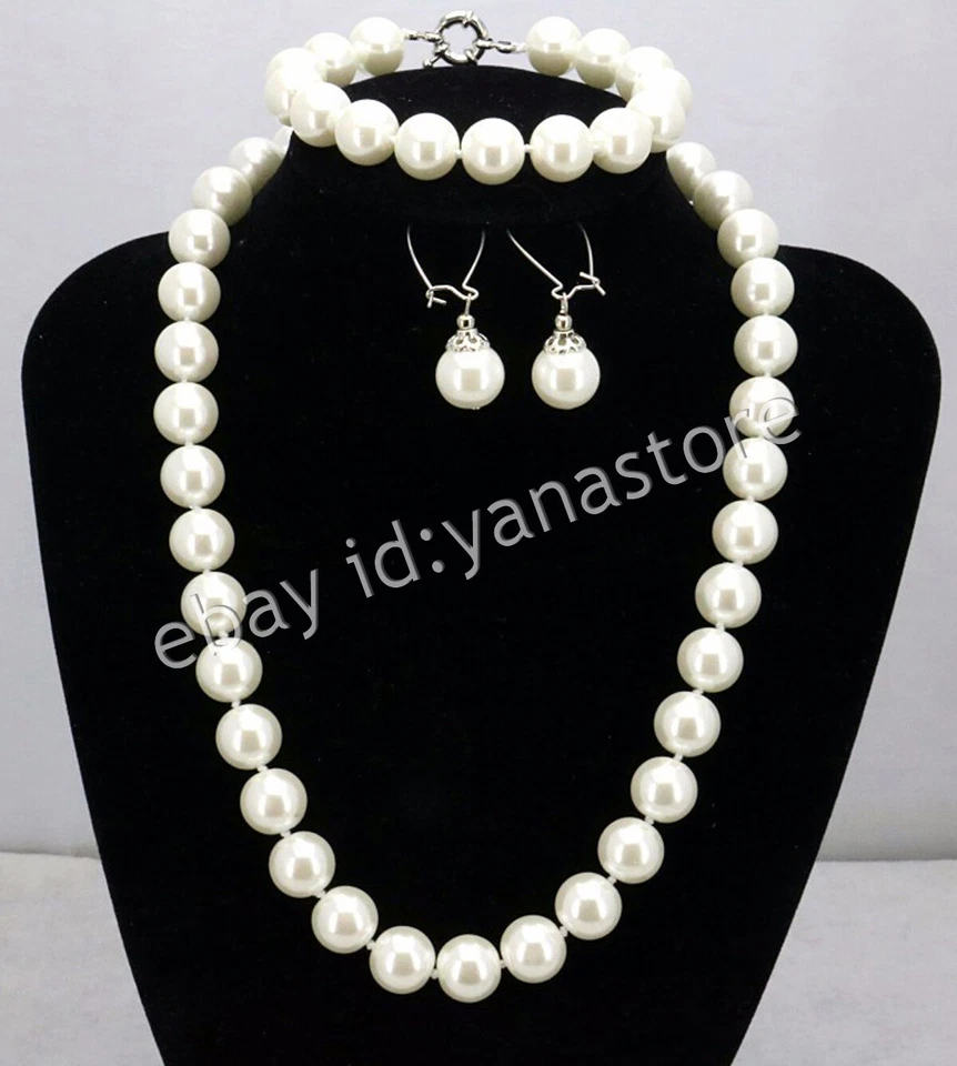 8/10/12mm Südsee Muschel Perle Rund Perlen Halskette Armband Ohrringe Set 18Zoll - Bild 3 von 4