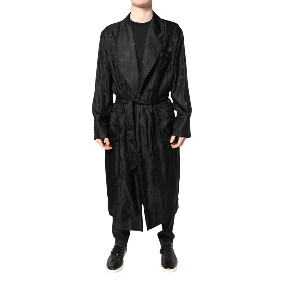 DOLCE & GABBANA Jacket Black Silk DG Logo Men Wrap Robe Coat IT46