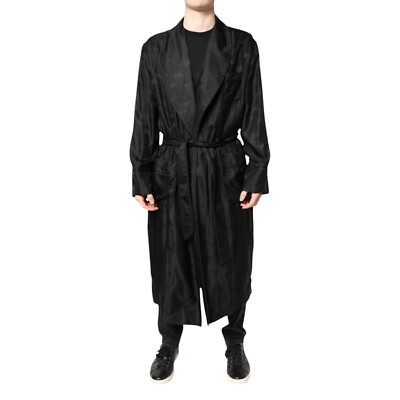 DOLCE & GABBANA Jacket Black Silk DG Logo Men Wrap Robe Coat IT46