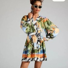 FARM Rio Carioca Mini Dress Wrap Size XS NWT Long Sleeves Tropical