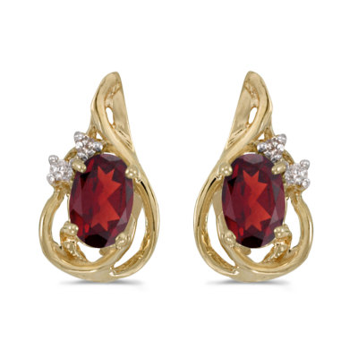 Ohrringe 10 Karat Gelbgold ovaler Granat und Diamant Tropfen