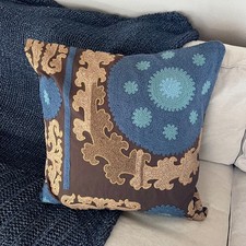 RARE Pottery Barn Suzani Embroidered Crewel pillow Cover Euro 26" Blue Brown Tan
