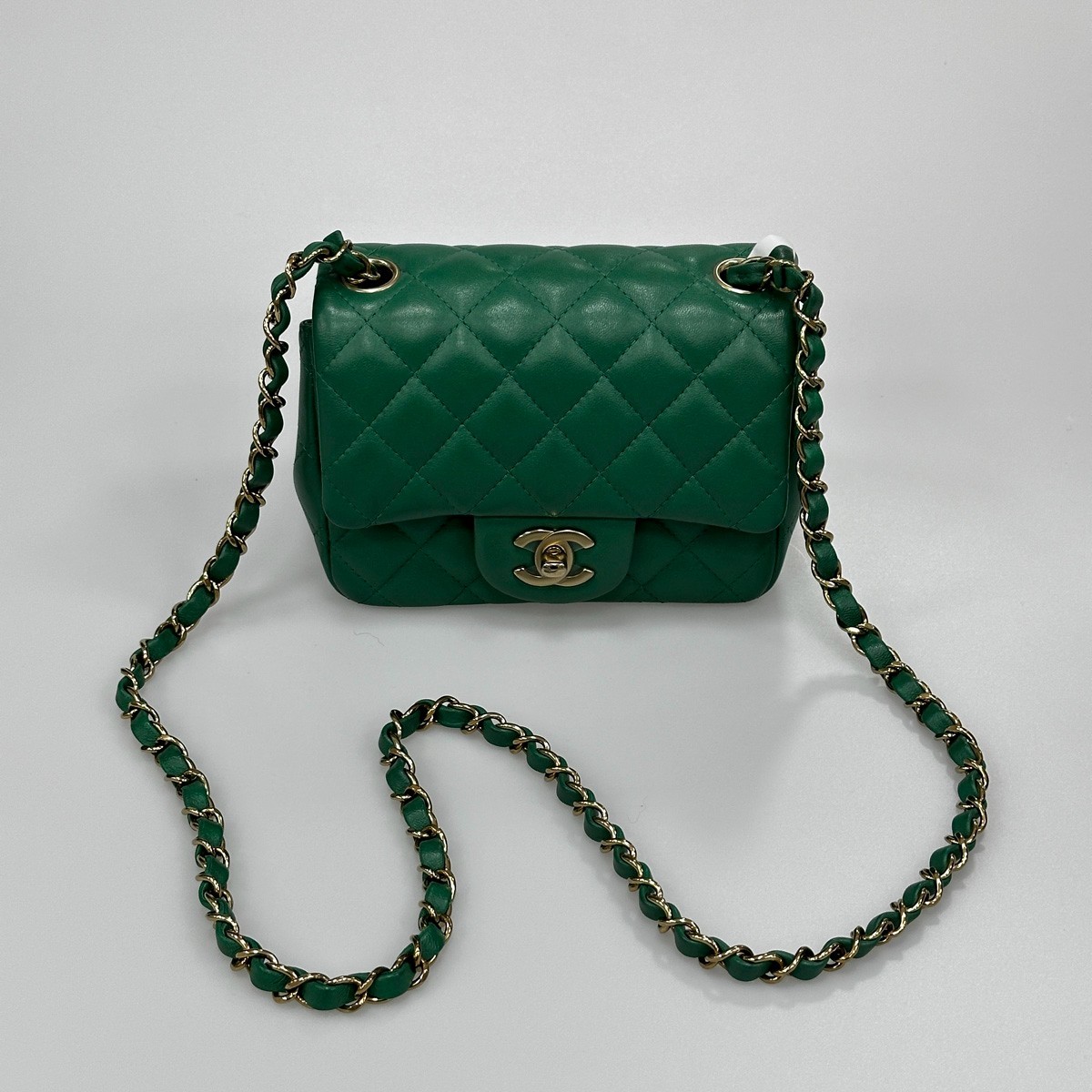 Chanel Mini Classic Flap Square Green Caviar Leather Gold Chain Bag