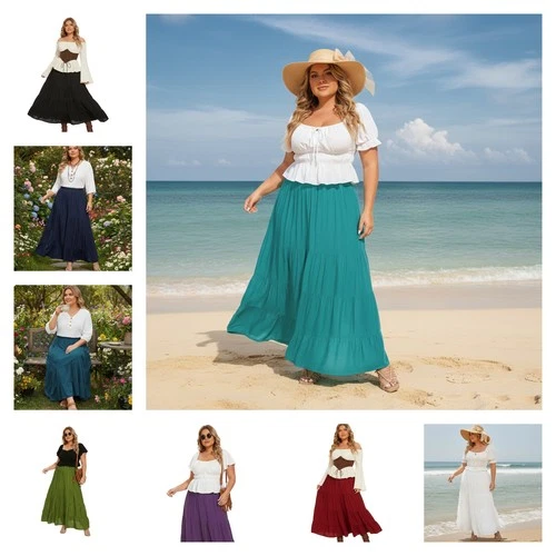 BeautyBatik Women BOHO Solid Rayon Gypsy Long Maxi Tier Peasant Skirt Plus Size