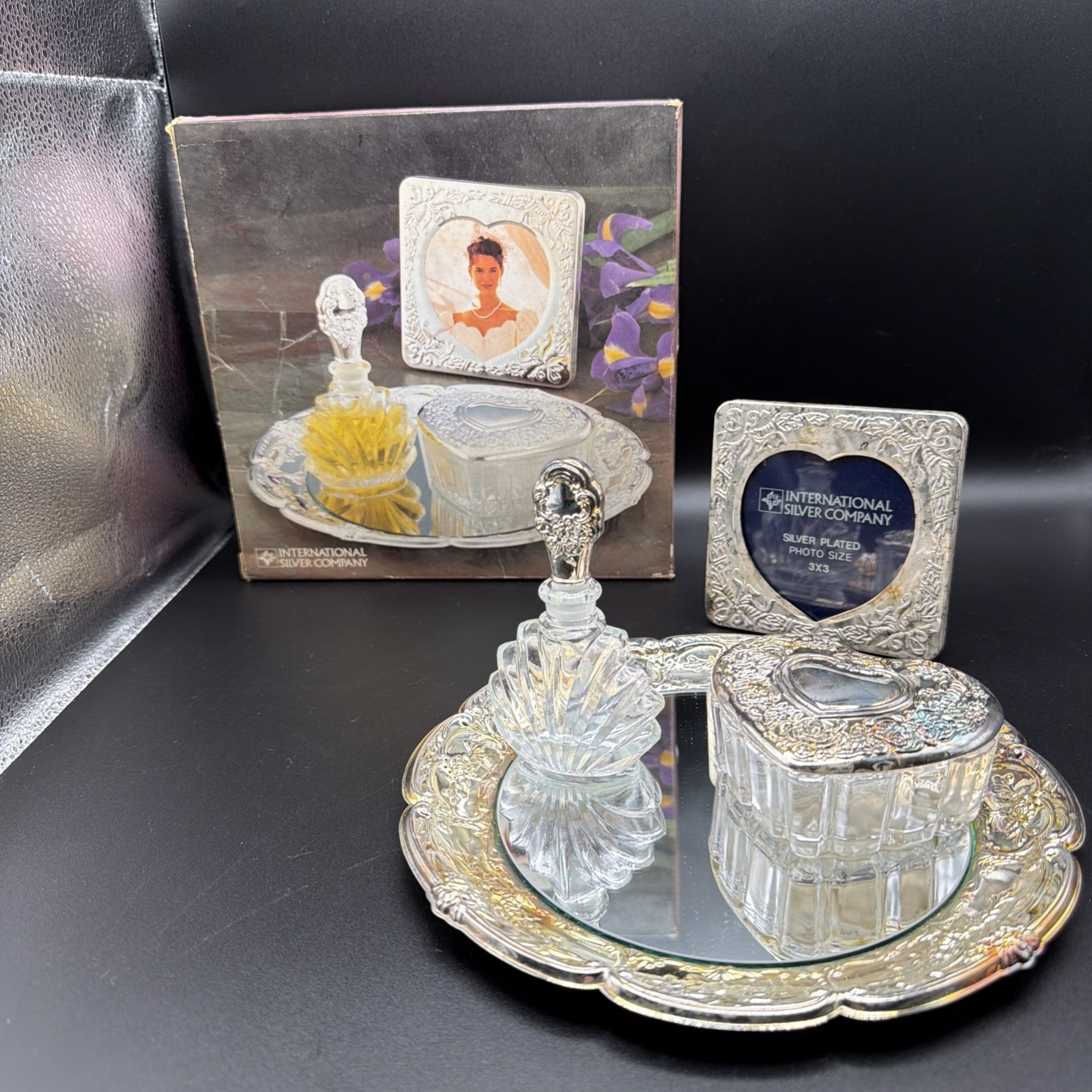 Vintage International Silver Co silver plated vanity set with perfume tray and frame