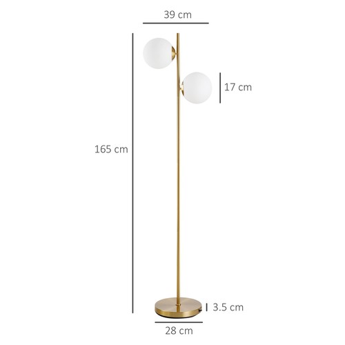 HOMCOM 2 Glass Shade Floor Lamp Metal Pole Modern Decorative Floor Switch Gold - Picture 3 of 11