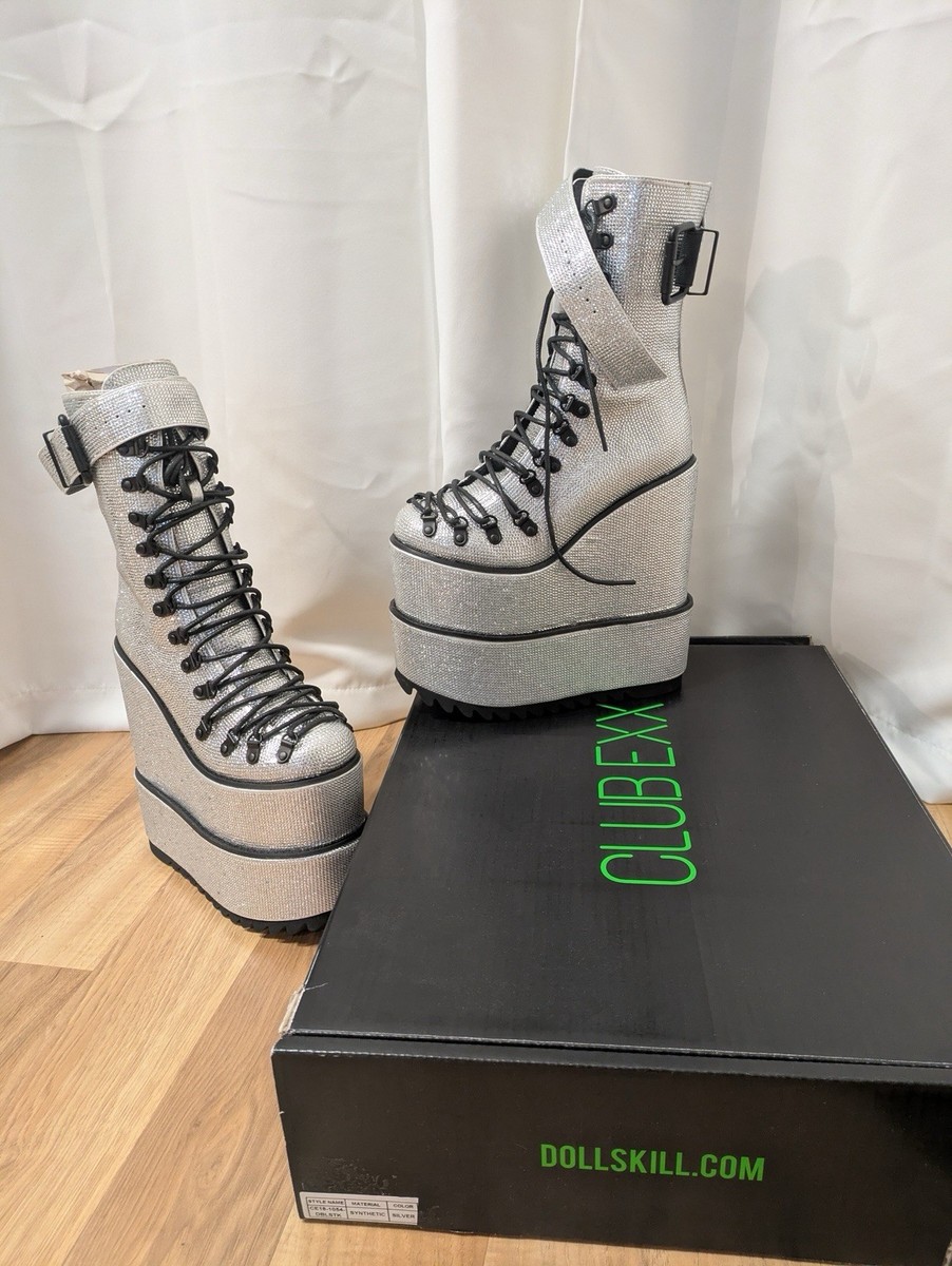 Dolls Kill Club Exx Rhinestone Lace Up Platform Wedge Heel Ankle