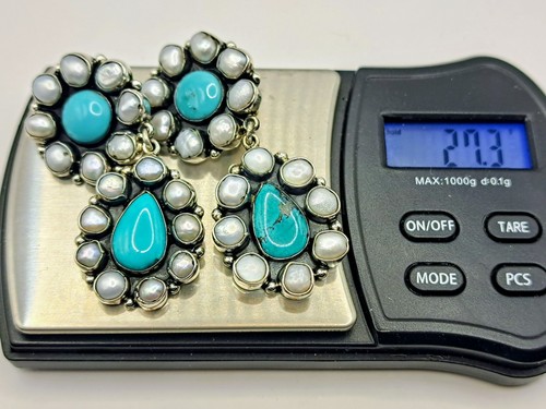 Federico Jimenez Sterling Turquoise Baroque Pearls Dangle Drop Earrings Clip On - Picture 6 of 10