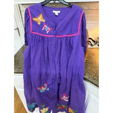 Go Softly Patio Purple Butterfly Embroidered Zip Front House Dress XL 100 Cotton