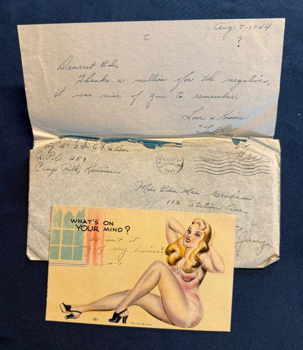 WWII Army Letter 1944 w Jackson Pinup Postcard 3rd Armored Field Artillery Bulge