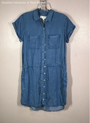 NWT Thread & Supply Womens Blue Denim Button Down Utility Shirt Dress Size Small