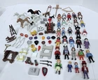 Vintage Playmobil 29 Figure lot + Horses, Dog, Helmets & Misc Parts.