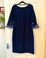 Gina Bacconi Navy Shift Dress UK 14 Knee Length Round Neck Bell Sleeve Zip