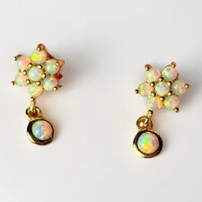 Dainty Gold Over Sterling Silver (925) Fire Opal Plum Flower Dangle Earrings