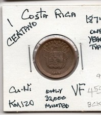 1874 1 Centavo COSTA RICA Copper Nickel 1 Year Type World Coin VF