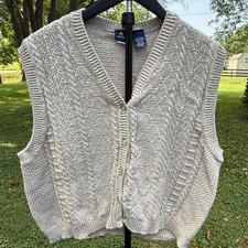 Lizsport Vintage Cotton Cable Knit Button Front Sweater Vest Beige Made in USA L