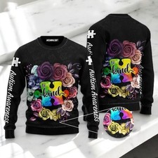 Autism Awareness Be Kind Ugly Sweater with Watercolor Rose Flowers